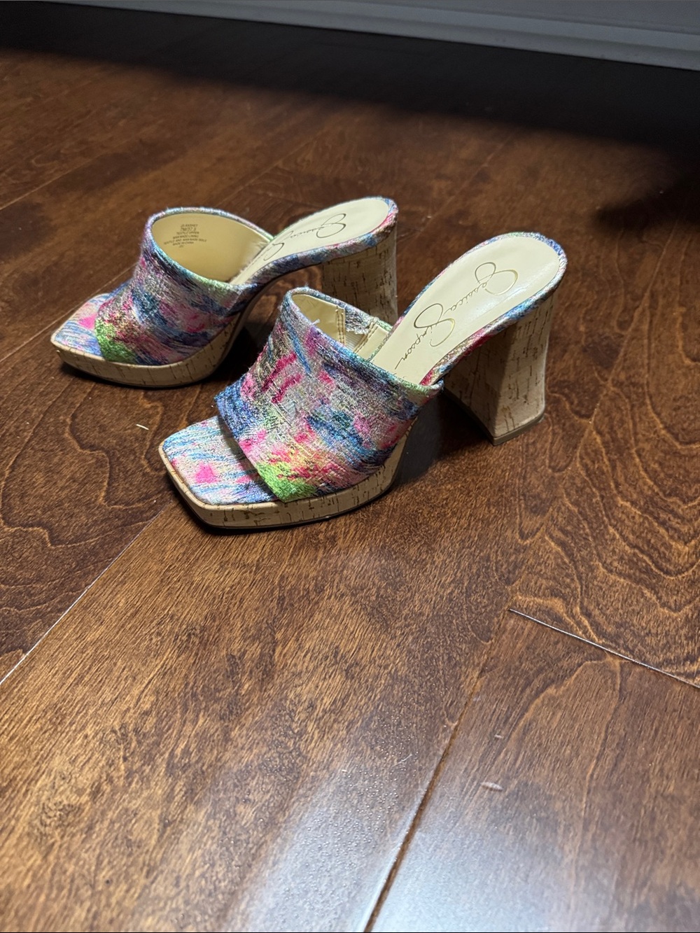 Jessica Simpson Multicolor Fabric Cork Block Heel Mules
